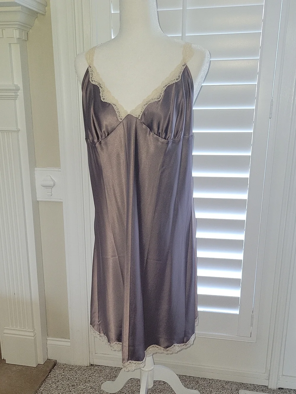 Victoria's Secret Gray Satin Chemise with Cream Lace Trim NWOT